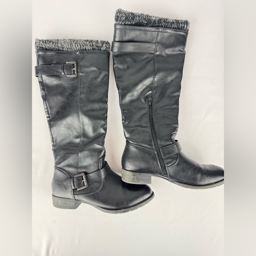 Just Fab Knee High Faux Leather Adjustable Buckle Riding Boots - Picture 2 of 4